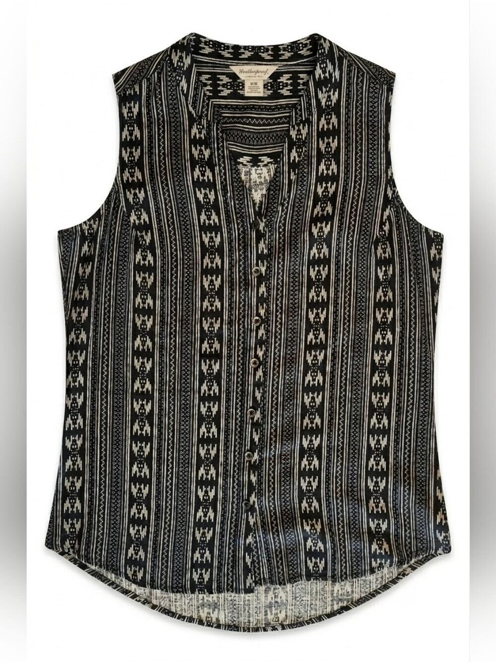 Weatherproof Vintage Black & White Patterned Button Down Sleeveless Blouse Top M